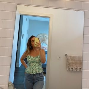 UO Green Floral Bustier Peplum Top